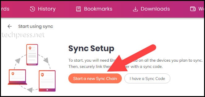 Start a new Sync Chain button on Brave Browser