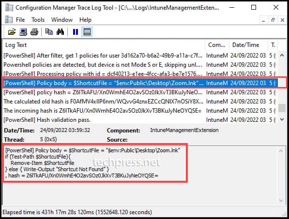 IntuneManagementExtension.log file showing the deployed Powershell script code