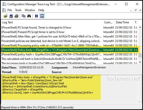 IntuneManagementExtension.log file showing the deployed Powershell script code

