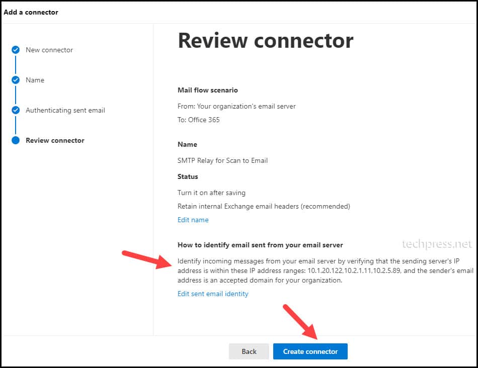 Review Connector page on Exchange Admin Center