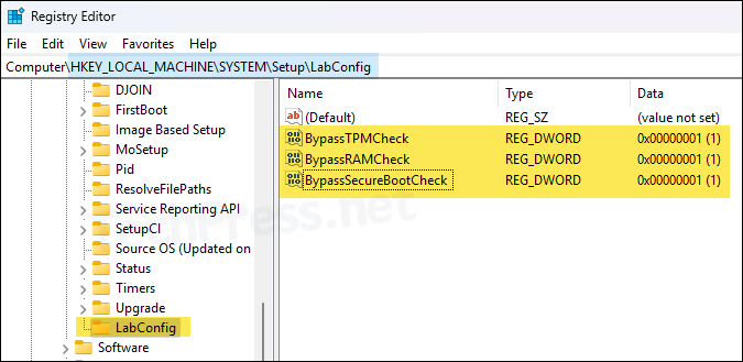 BypassRAMCheck, BypassSecureBootCheck and BypassTPMCheck registry keys