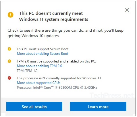 This PC doesn’t currently meet Windows 11 system requirements