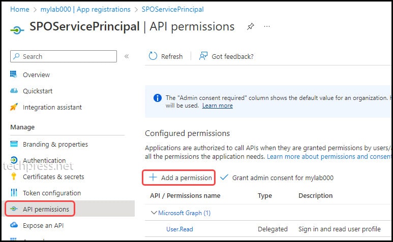Add API Permissions to the Azure AD service principal for Sharepoint Online