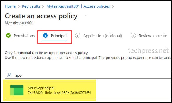 Search for sharepoint online service principal in Azure KeyVault Access Policy