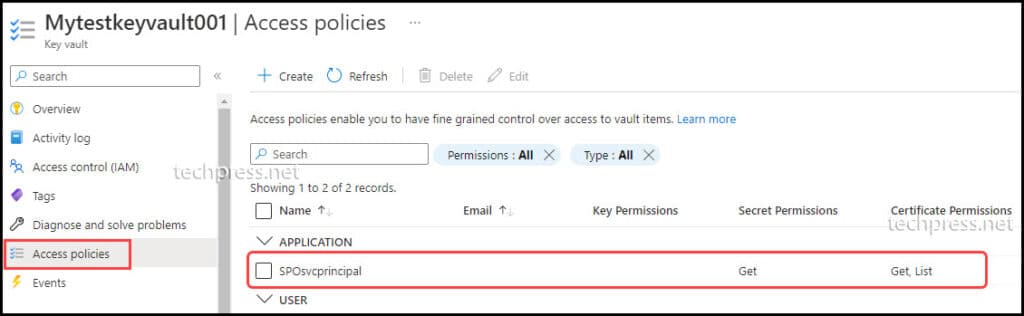 Sharepoint service principal Get and List permissions to Azure Keyvault