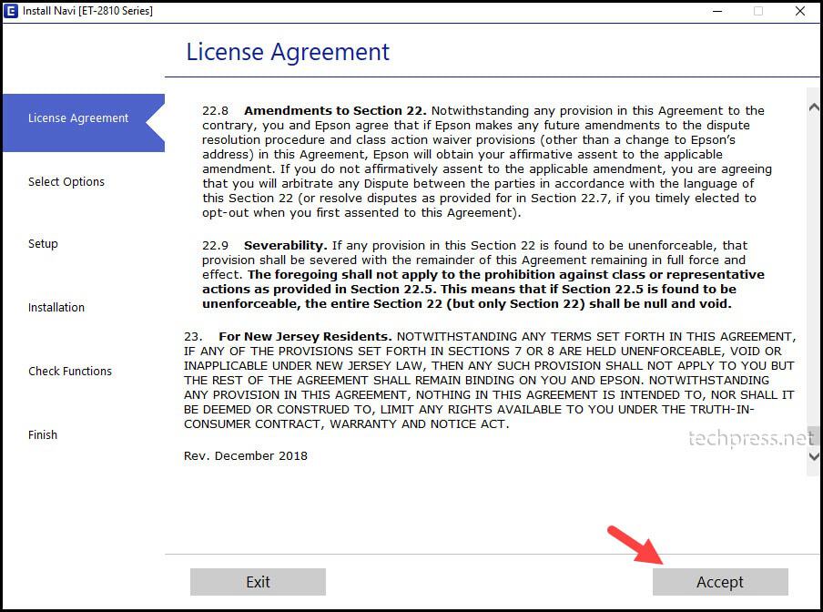 Epson Printer Product Setup - License Agreement Screen
