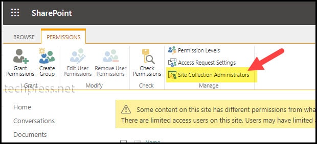 Site collection administrators group permissions on a sharepoint site
