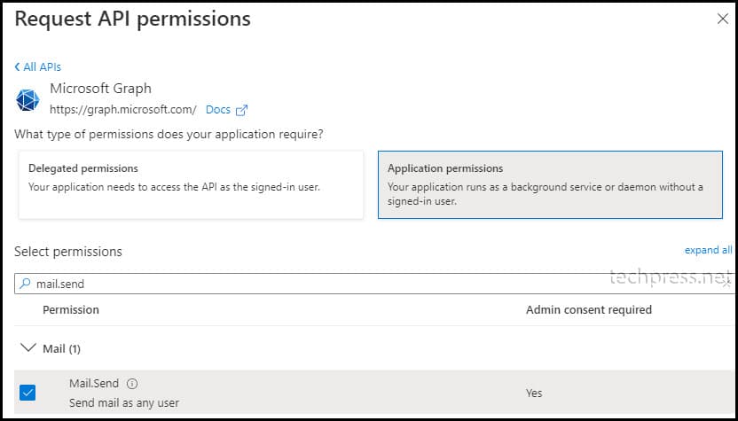 Microsoft Graph API permission Azure mail.send