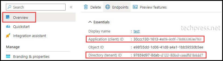 Copy Cliend ID and Tenant ID from Azure Application