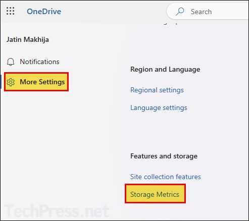 Click on Storage Metrics under more setting for OneDrive