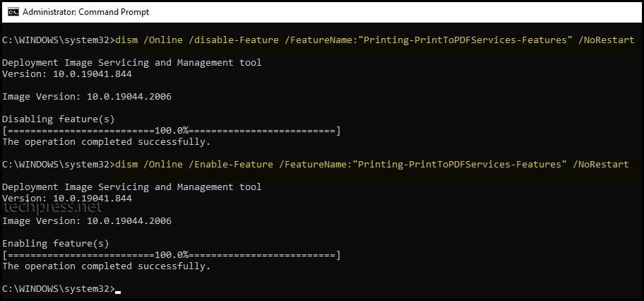 Microsoft Print to PDF feature enable and disable using command prompt