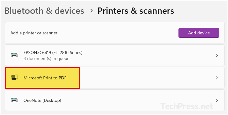 Microsoft Print to PDF Printer in Settings App