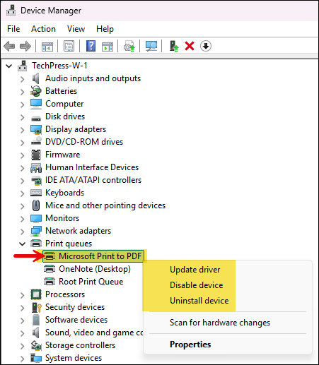 Microsoft Print to PDF in Device Manager