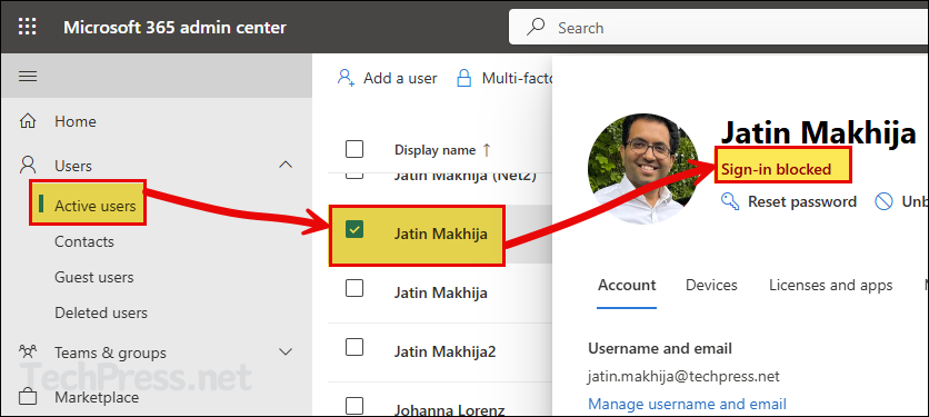 User showing Sign-in blocked status on Microsoft 365 admin center