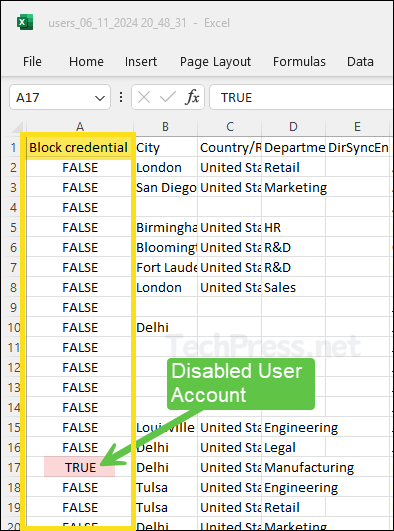 Exported Microsoft 365 User list CSV file