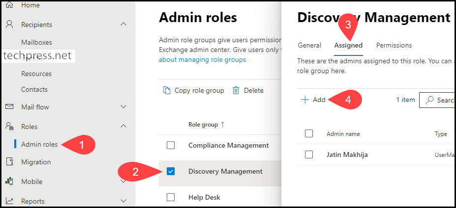 Add admin user to Discovery Management Role Group
