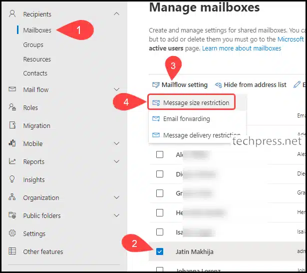 Update Sent and Received Emails Max Size limit per mailbox