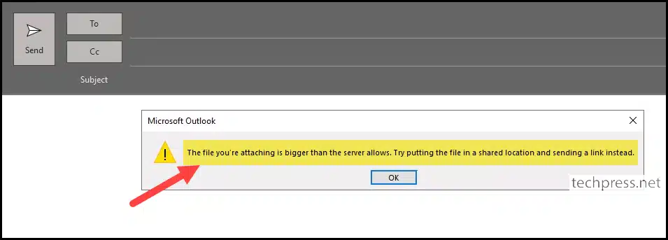 The file you're attaching is bigger than the server allows. Try putting the file in a shared location and sending a link instead.