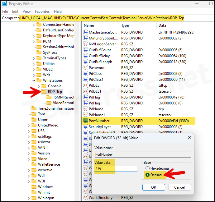 Changing RDP Port number via Windows Registry Editor