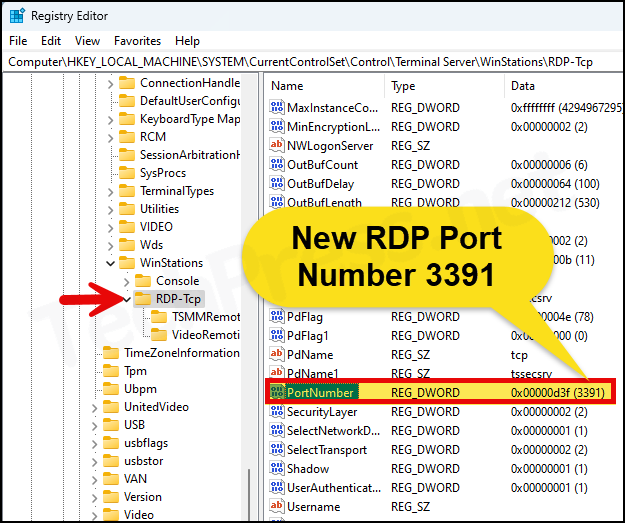 Changing RDP Port number via Windows Registry Editor