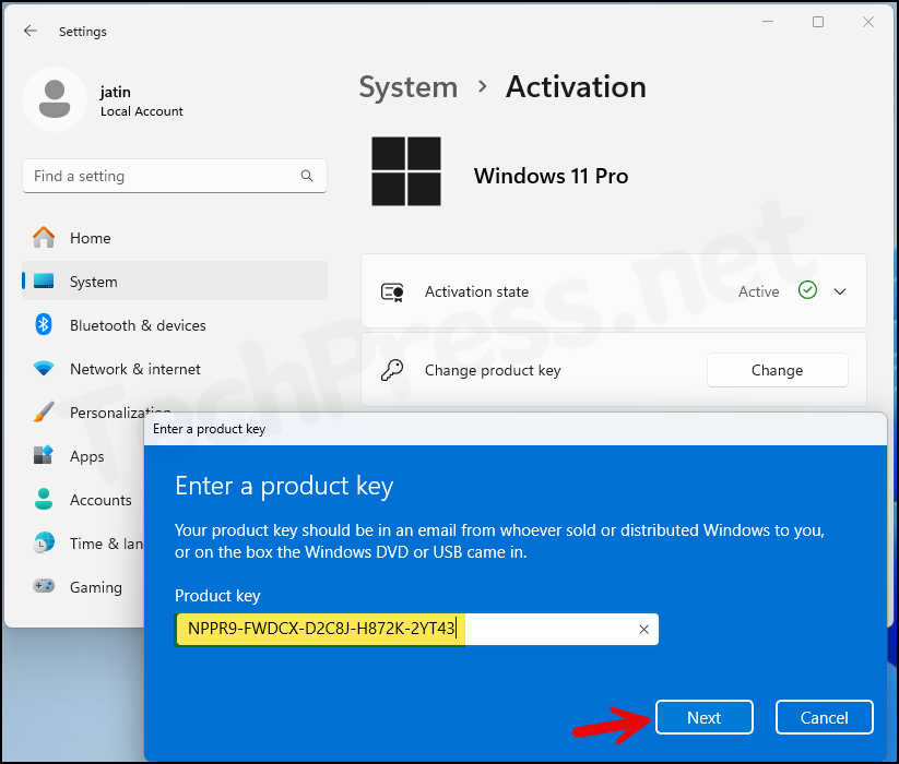 Provide a valid Windows 11 Enterprise product key and click on Next