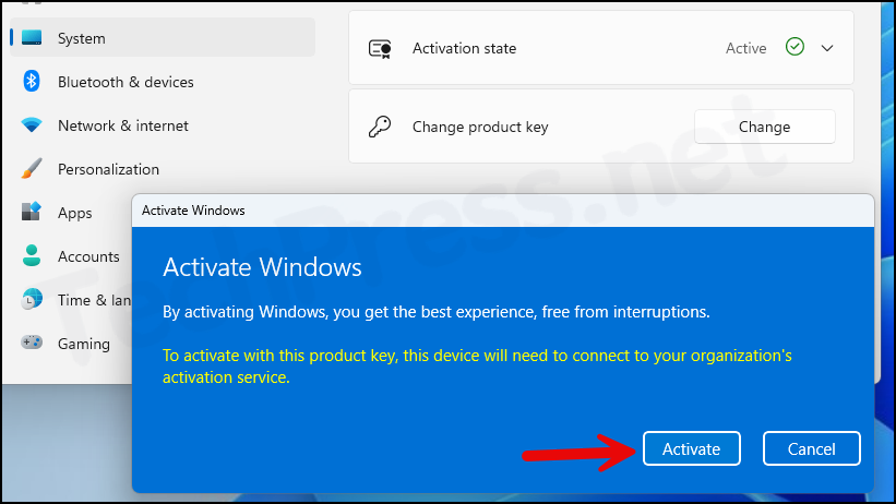 Click on Activate to proceed with Windows 11 Enterprise Activation process