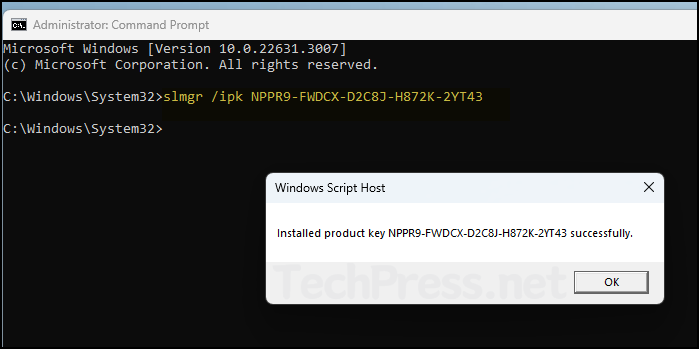 Using Command Prompt to Install a Product Key