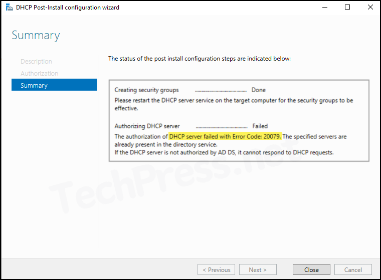 DHCP Server Failed with Error Code 20079