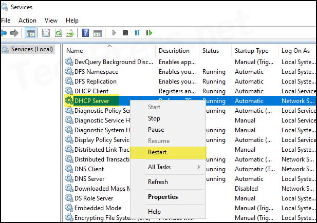 Restart DHCP Server Service