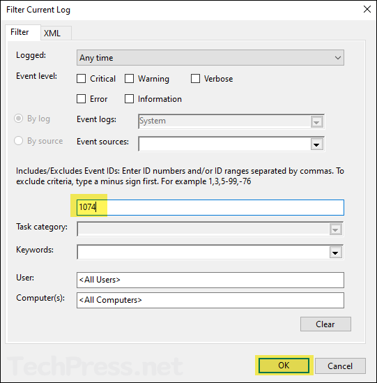 Filter using Event ID 1074