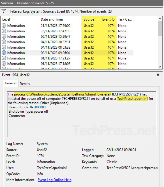 Go through events to find root cause of Server restart