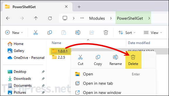 Delete 1.0.0.1 folder from Powershellget module folder