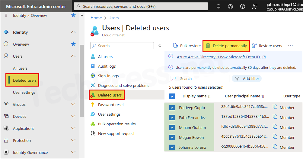 Permanently Delete Users using Entra admin center