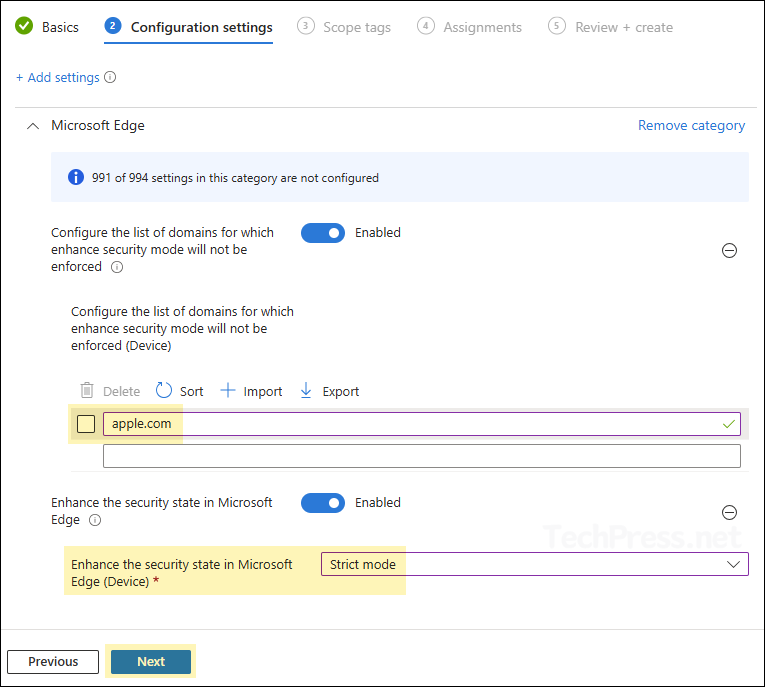 Edge Enhanced Security mode Intune configuration