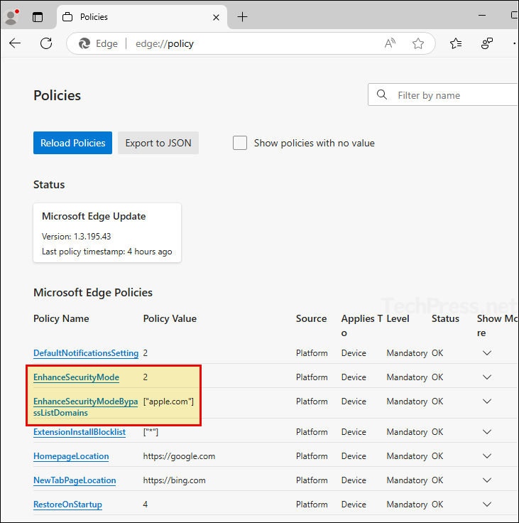 edge://policy Enhanced security mode mapping