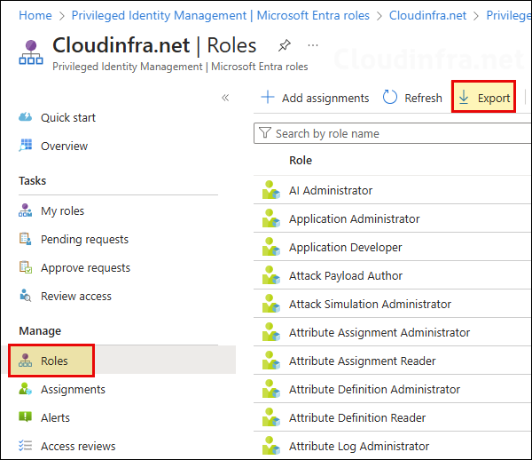 Click on Roles and then Export to export PIM roles