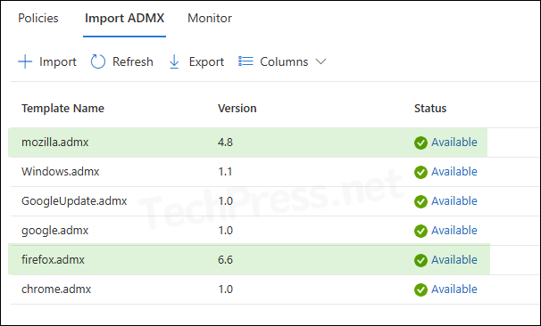 mozilla.admx and firefox.admx templates imported into Intune