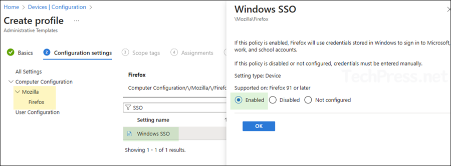 Enable Windows SSO setting in Intune for firefox