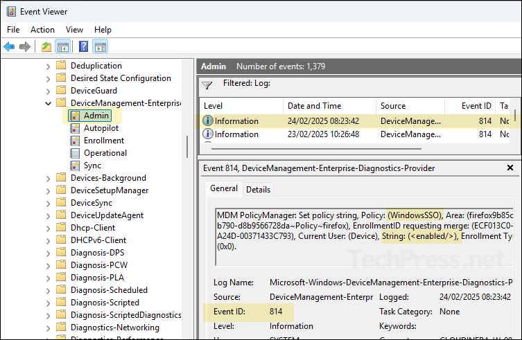 WindowsSSO setting enabled event viewer log