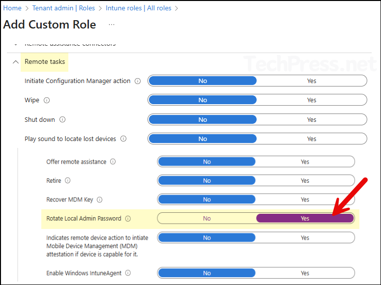 Configure permissions of the new Custom Intune role