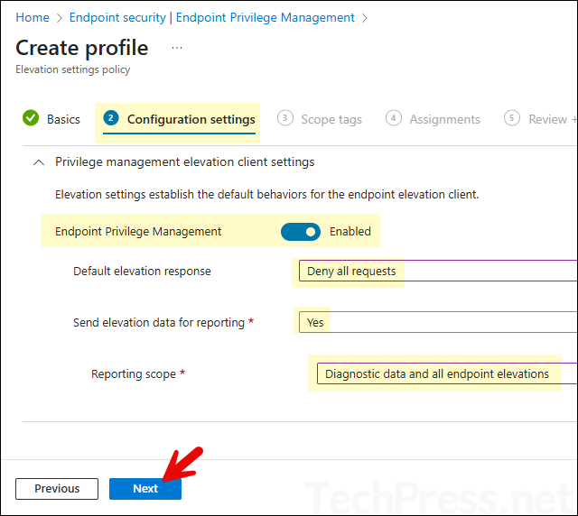 Configure an Elevation Settings Policy