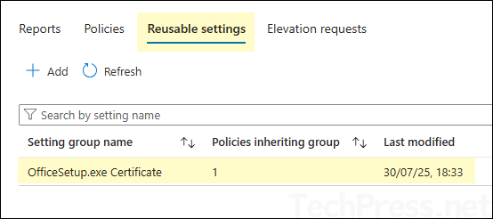 Certificate added to reusable settings group