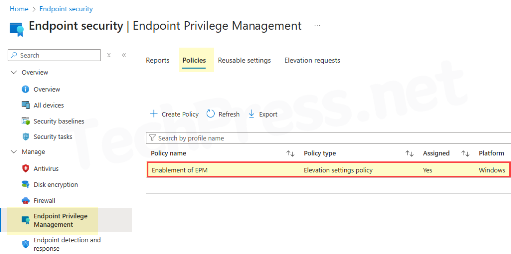 Elevation Settings Policy created.