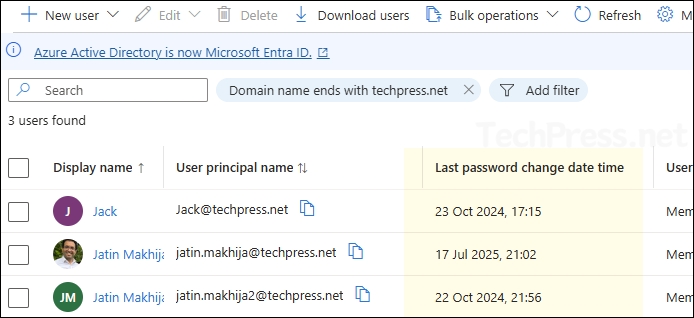 Last password change date time column shows the date and time Info for Entra/M365users