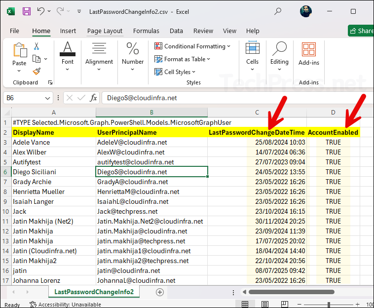 Get last password change information including account enabled status to CSV