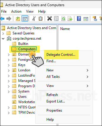 Delegate Control option on Computer Container