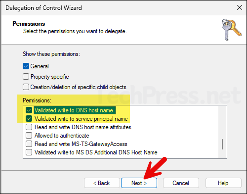 Validated write to DNS host name and Validated write to service principal name checkbox