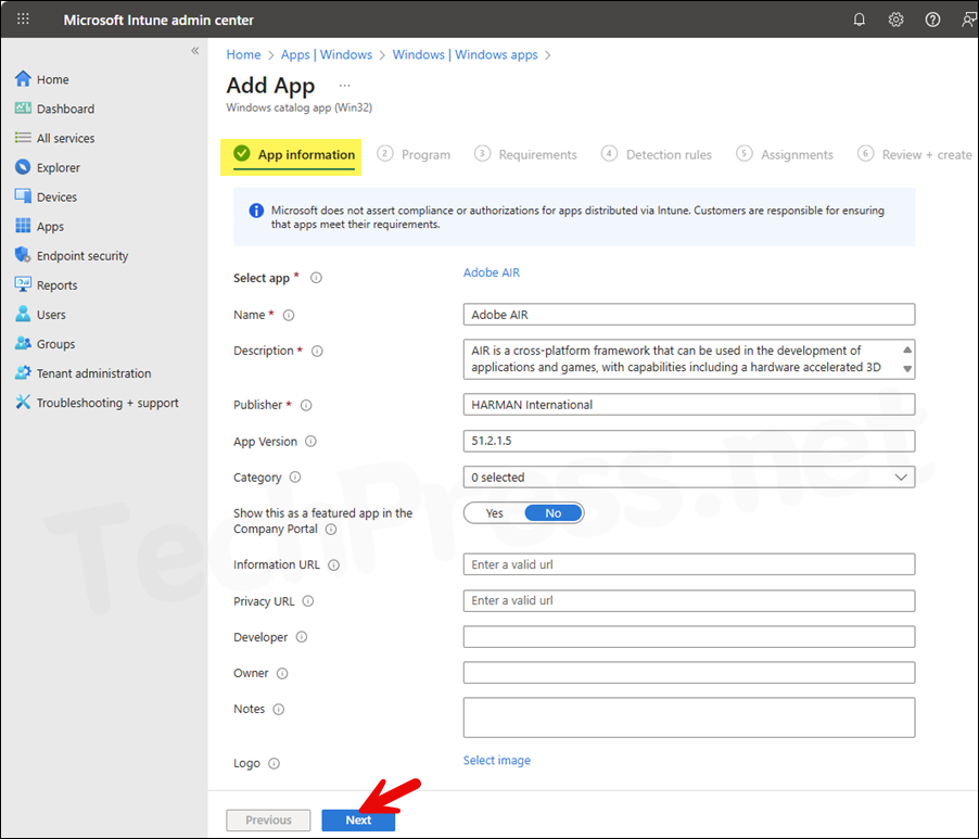 Adobe Air intune deployment App Information tab