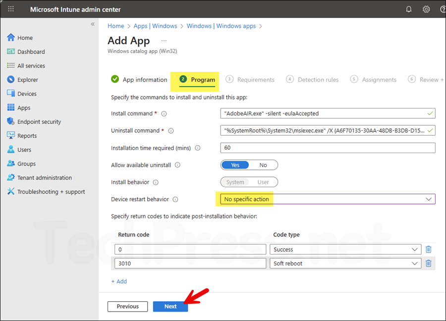 Adobe Air intune deployment Program tab