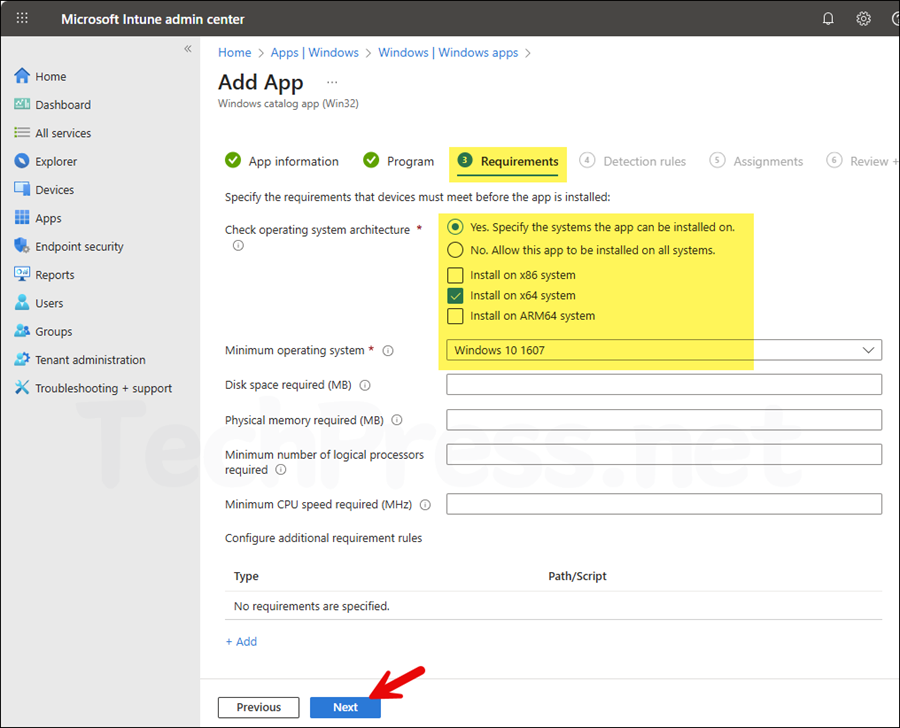 Adobe Air Intune deployment Requirements tab
